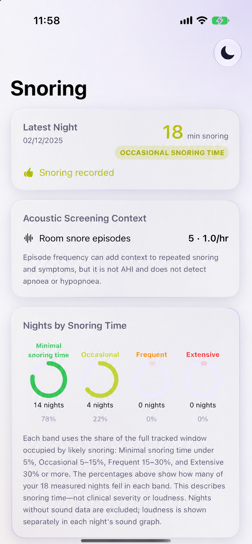 Sleepy Banana Snoring insights screen showing recorded snoring