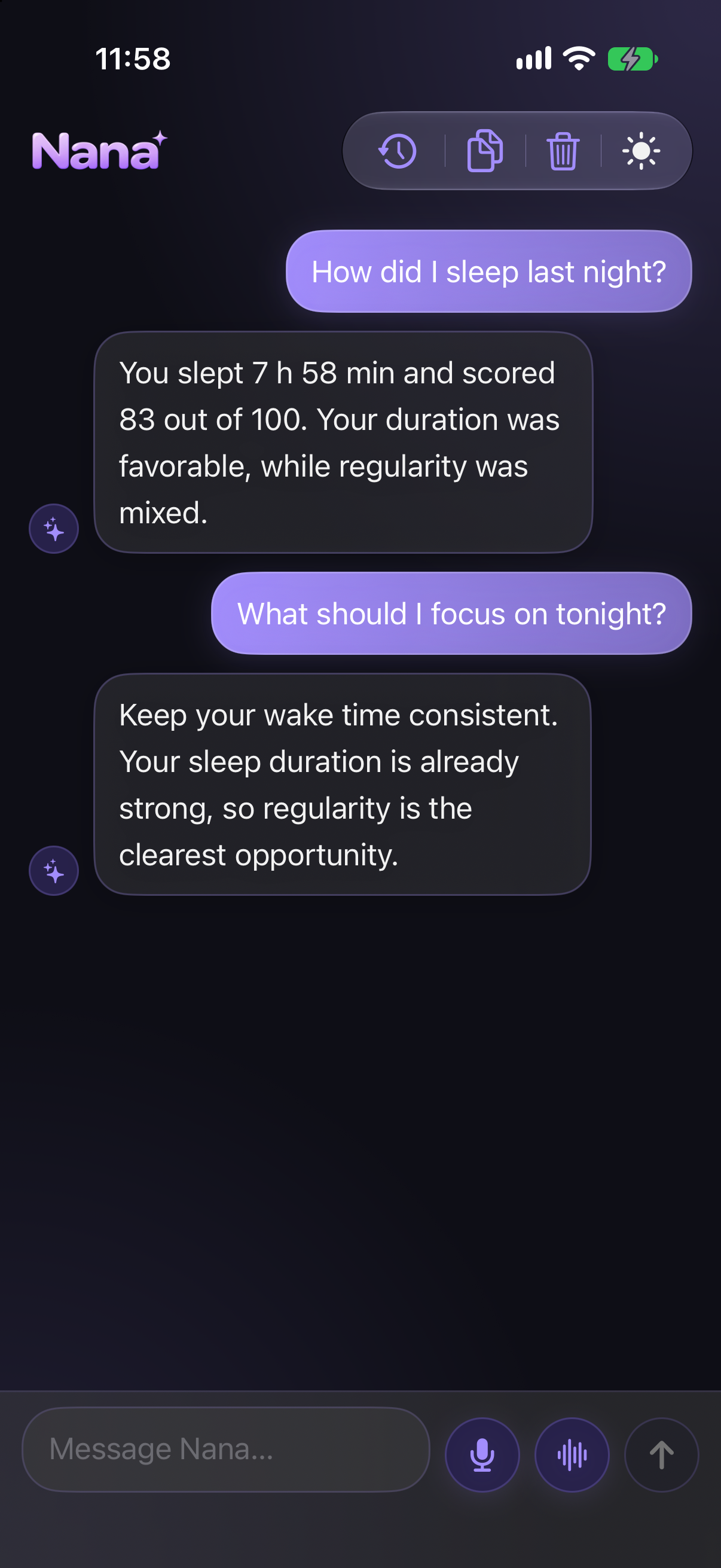 Nana chat screen captured from the Sleepy Banana app